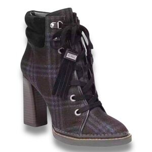 Sam Edelman Sondra Navy Brown Plaid Tassel Lace Up Ankle Boots Size 7.5